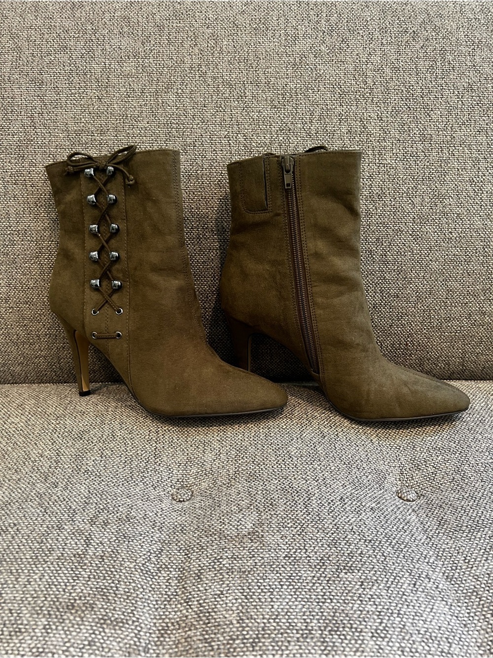 Nine West Olive Green Suede Lace-Up Heel Ankle Boots